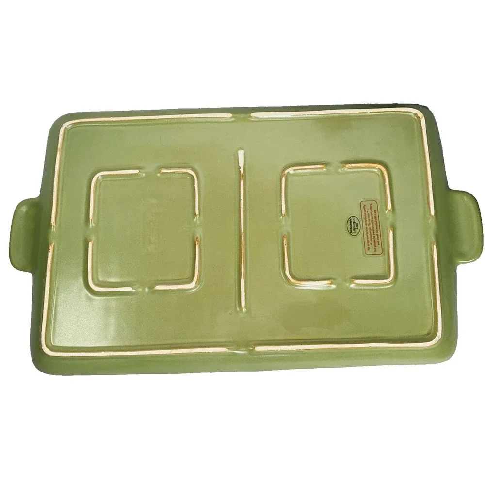 Longaberger Flameware SAGE Grill Pan Pottery Server Cookware 18" x 10" Green - Picture 6 of 14